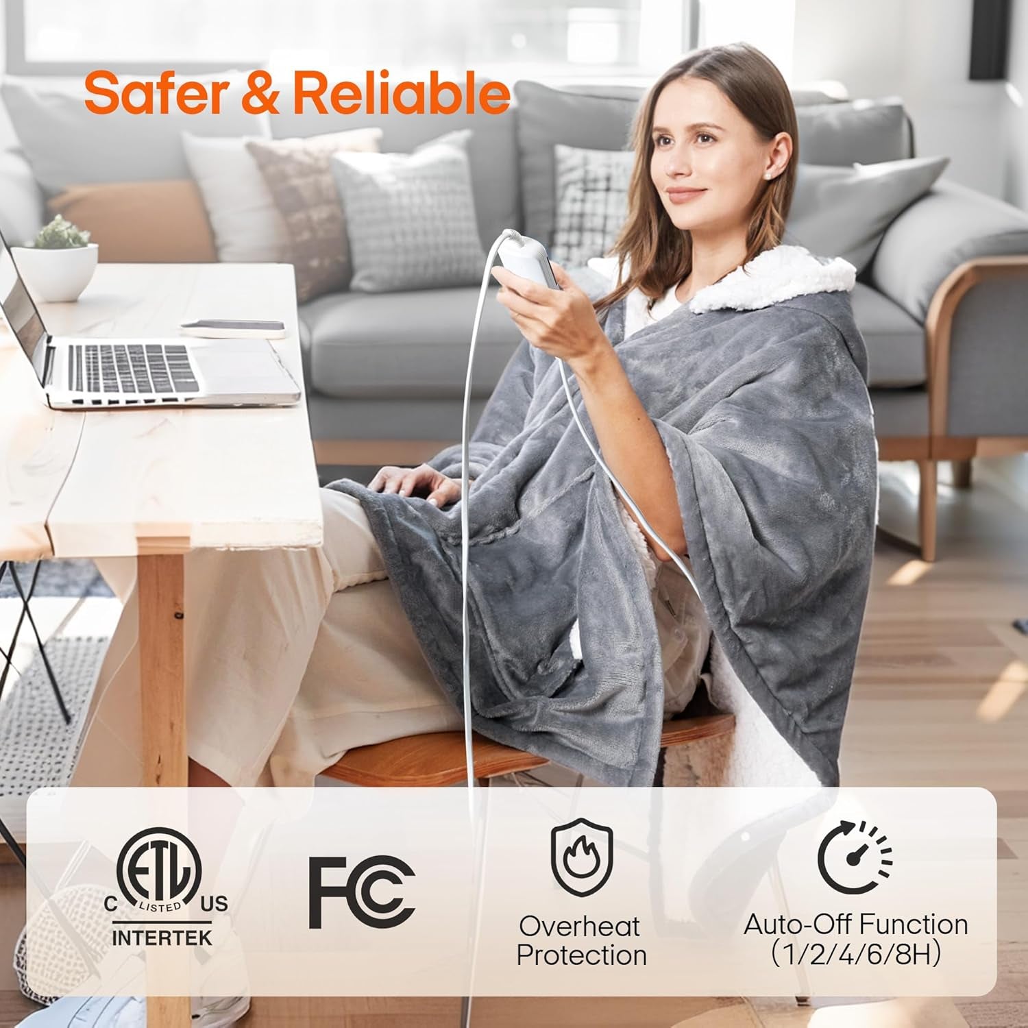 Wearable Heated Throw Blanket Electric Shawl，Christmas Birthday Gifts for Grandma,Mom,Elderly Women,Heated Robe Hoodie with 10 Heating Levels & 1-8 Hours Time Settings,50 X 60 Inch, Grey