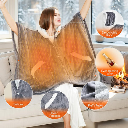 Wearable Heated Throw Blanket Electric Shawl，Christmas Birthday Gifts for Grandma,Mom,Elderly Women,Heated Robe Hoodie with 10 Heating Levels & 1-8 Hours Time Settings,50 X 60 Inch, Grey