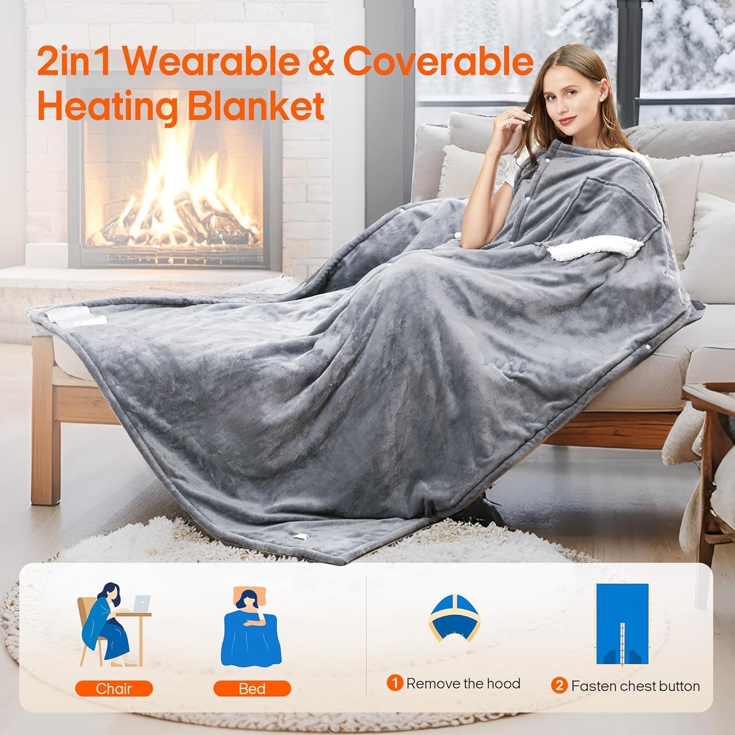 Wearable Heated Throw Blanket Electric Shawl，Christmas Birthday Gifts for Grandma,Mom,Elderly Women,Heated Robe Hoodie with 10 Heating Levels & 1-8 Hours Time Settings,50 X 60 Inch, Grey