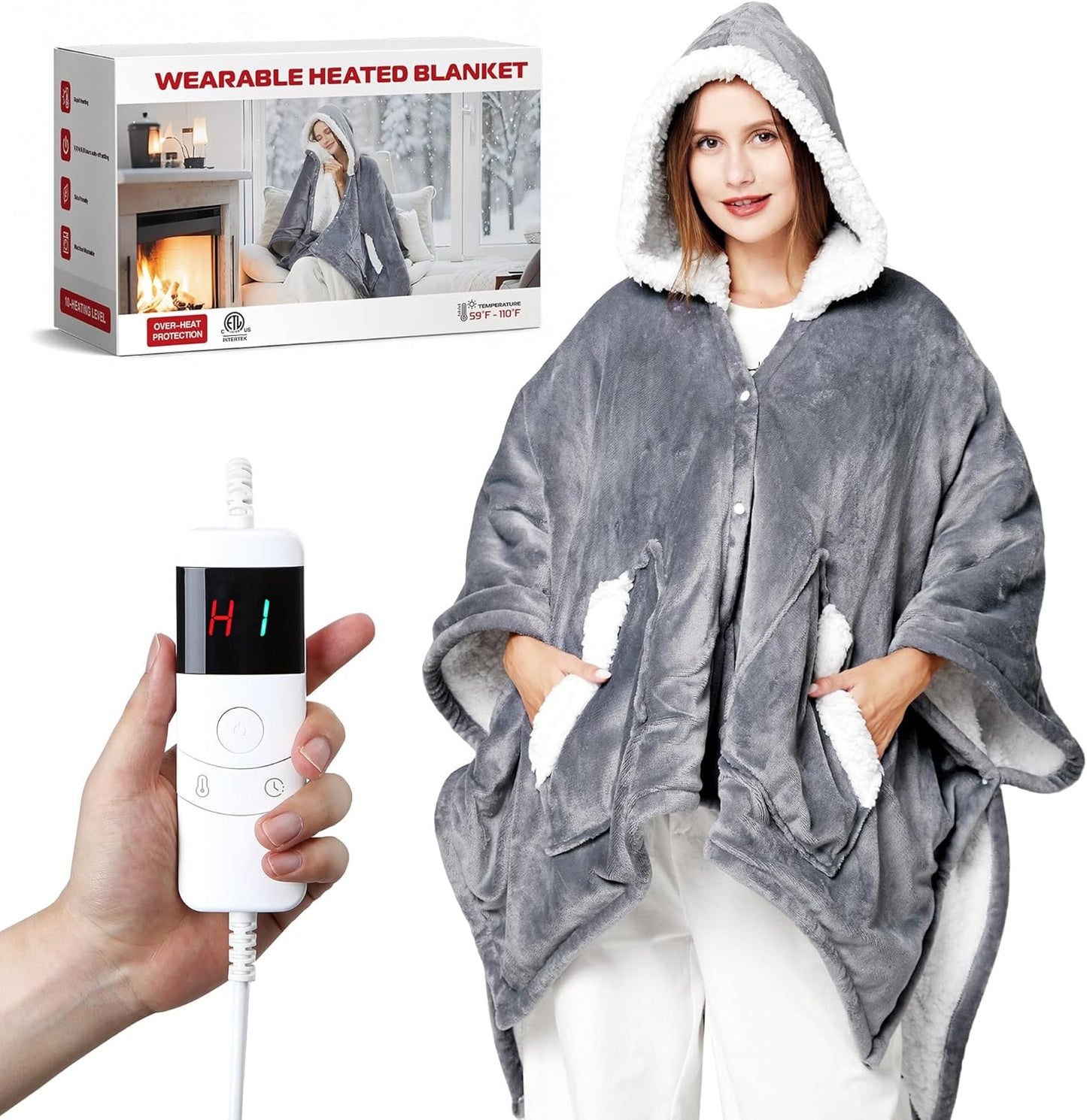 Wearable Heated Throw Blanket Electric Shawl，Christmas Birthday Gifts for Grandma,Mom,Elderly Women,Heated Robe Hoodie with 10 Heating Levels & 1-8 Hours Time Settings,50 X 60 Inch, Grey