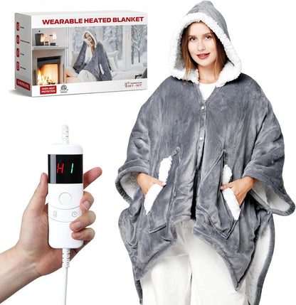 Wearable Heated Throw Blanket Electric Shawl，Christmas Birthday Gifts for Grandma,Mom,Elderly Women,Heated Robe Hoodie with 10 Heating Levels & 1-8 Hours Time Settings,50 X 60 Inch, Grey